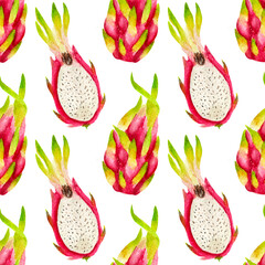 Watercolor pattern with bright dragon fruit on a white background. Pattern for summer, food products, wrapping paper etc