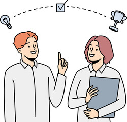 Smiling employee brainstorm for shared success