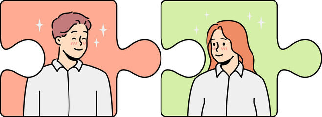 Puzzles with man and woman connecting