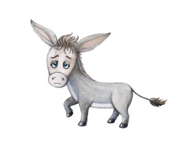 Sad donkey hand drown illustration on a white background
