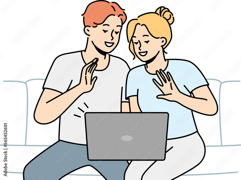 Poster smiling couple talk on video call on computer