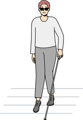 Blind man with stick crossing road