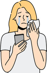 Unhappy woman look at cell screen crying
