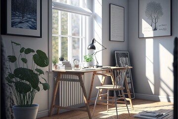 Scandinavian style interior study room with a natural wood desk, a table lamp and a chair to work, and the sun is illuminating brightly the room, the framed pictures on the wall and the potted plants