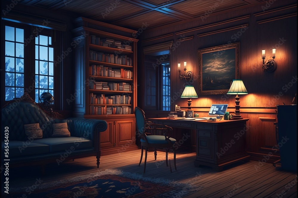 Wall mural country interior style study room at night with robust vintage looking natural wood desk and bookshe