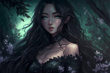 illustration of a beautiful young woman in a forest with black hair, black dress, and blue eyes created with Generative AI Technology