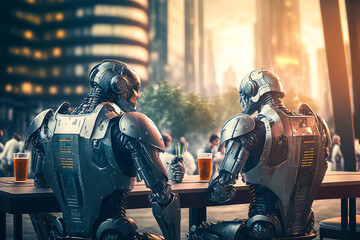 Robots prenant un verre sur la terrasse d'un bar - Générative IA