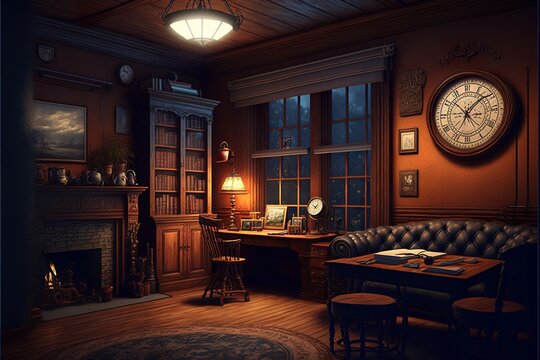Country interior style study room at night with robust vintage looking natural wood desk and furnitures, with pictures and huge clock on the wall, illuminated bluntly with a table lamp