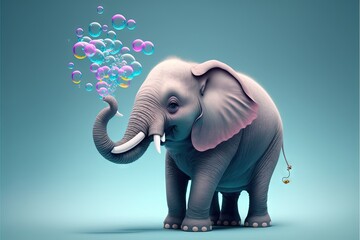  an elephant with bubbles in its trunk and a string of string on its trunk, standing in front of a blue background with bubbles in the air.  generative ai
