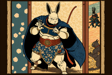 Easter bunny-rabbit superhero in Japanese Ukiyo-e art style (Generative AI)