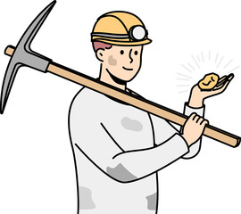 Male miner in helmet with stone in hands