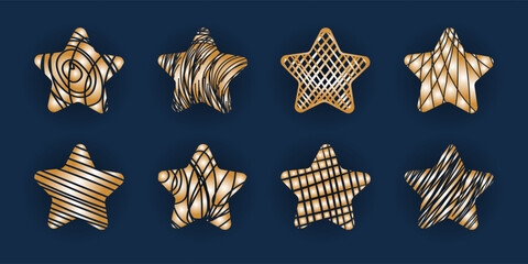 Set of gold openwork stars with curls. Creative hand drawn illustration. Collection of isolated cut out vector design elements for icon or button, greeting card, invitation, poster, web banner.