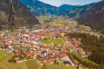 Beautiful aerial summer view of Mayrhofen seen from the famous Ahorn summit, Zillertal valley, Tyrol, Austria