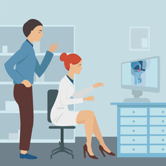 Andrologist in front of the monitor. Doctor and patient in the office. Vector illustration