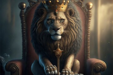  a lion with a crown sitting on a chair with a sword in its paws and a crown on its head, with a dark background.  generative ai