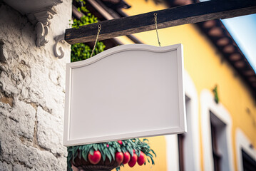 Mockup hanging sign, Italian restaurant exterior. Generative AI