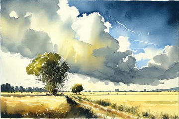 Gordijnen Clouds over the field. Watercolour painting. Generative AI art. © Brokenclouds Art