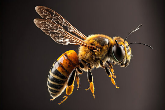 close-up image of a bee in flight, macro, dark background, detail
