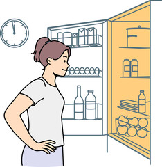 Young woman look for midnight snack in fridge