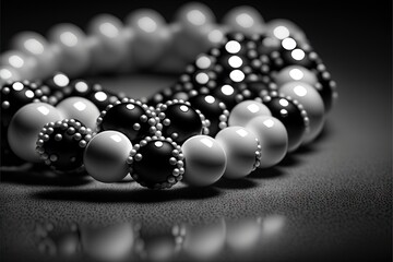  a black and white photo of a bracelet with pearls on it's end and a bead of pearls on the end of the bracelet.  generative ai
