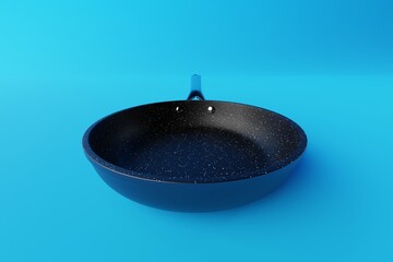 Black frying pan on a blue background. The concept of frying, cooking. Buying equipment for the kitchen, dishes. 3d render.