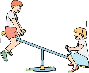 Children ride on teeter-totter at playground in summer.