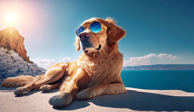 Fabulous golden retriever dog, with fashion sunglasses, at the beach.  Family pet dog enjoying the blue ocean and sandy beaches during vacation while traveling.  Image created with generative ai.  
