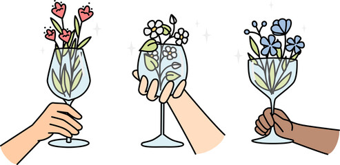 Hands of multiracial people holds wineglasses with flowers.