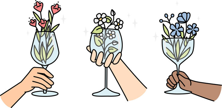 Hands of multiracial people holds wineglasses with flowers.