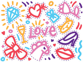 Vector set of handdrawn bright colored colorful stickers with dotted line to cut out. Gift sticker for lover. February 14. Valentine's Day. Love, heart, diamond, magic unicorn, red lips, bow, cat, 