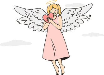 Girl soars in sky hugging heart, gives love, care.