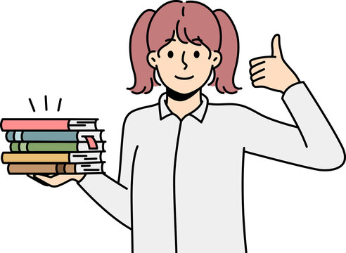 Girl holds pile of paper books, shows thumb up.