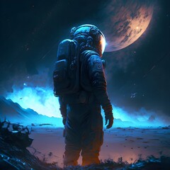  lonely astronaut exploring an empty planet that has blue smoke in the background and a planet in the sky