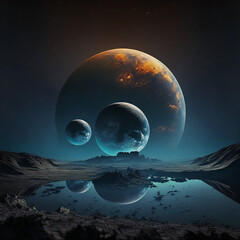 Fictional planet nightsky with 3 moons