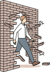 Motivated businessman break wall go for success