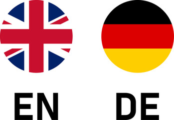 Round Flag Selection Button Badge Icon Set with UK and Germany Flags with Language Codes EN and DE for English and German. Vector Image.