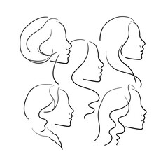 Face profile of a girl in line-art style on a white background. Woman faces outline. Makeup artist face template