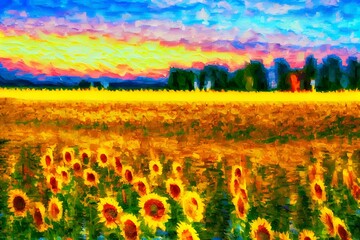 Sunflower Field Abstract Oil Painting, Generative AI Art