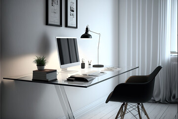  a computer desk with a chair and a lamp on it in a room with a window and a curtained wall behind it and a chair.  generative ai