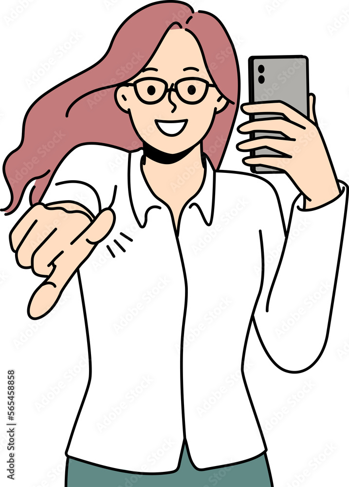 Wall mural Smiling woman with cellphone point at screen