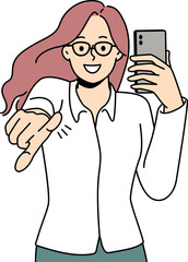 Fototapeta premium Smiling woman with cellphone point at screen