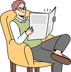 Fototapeta na wymiar Young man sit in chair reading newspaper