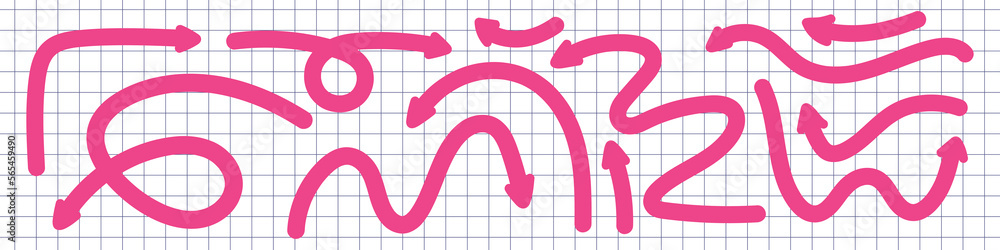 Poster dynamic arrows doodle set. various playful arrow twist pink line elements. quirky design direction. 
