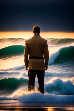 Homem parado na beira do mar tempestuoso, Generative IA, IA, Generativa