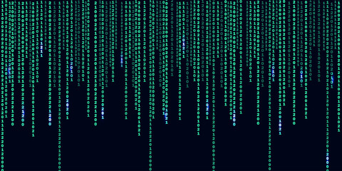 Matrix or binary code on the dark background with different vertical numbers and light. Big data visualization. Digital texture backdrop. Vector illustration.