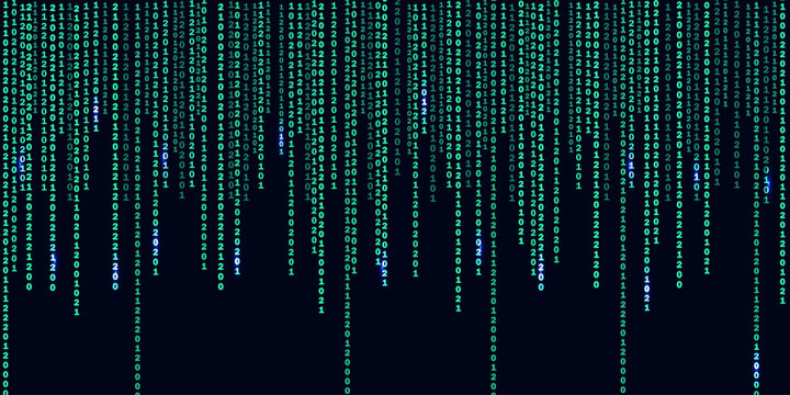 Matrix or binary code on the dark background with different vertical numbers and light. Big data visualization. Digital texture backdrop. Vector illustration.