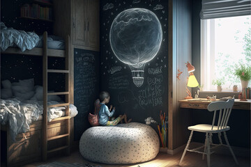  a child's bedroom with a chalkboard wall and a chalkboard drawing of a hot air balloon on the wall and a bed.  generative ai