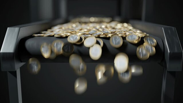 Many Euro coins on conveyor belt. Banking and inflation concept. 3D rendered animation.