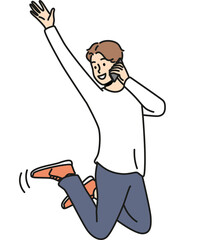 Overjoyed man jump in air talk on cellphone