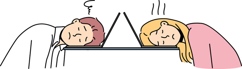 Tired people fall asleep at workplace